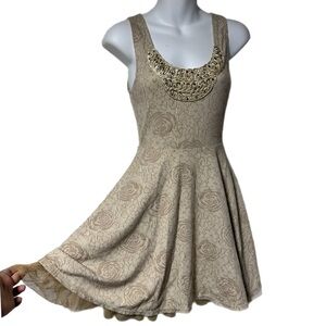 Free People Rock Princess Tulle Hem Skater Dress XS Tank Neutral Jacquard Floral
